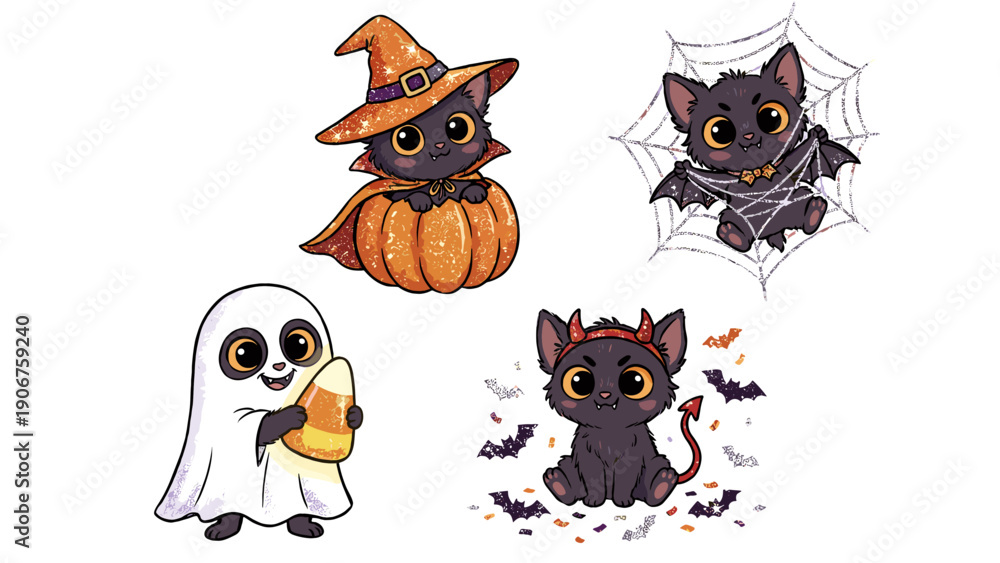 Obraz premium halloween easter clipart, holiday clipart bundle, seasonal cartoon set, cute holiday characters, halloween cartoon, easter cartoon, kawaii holiday, festive illustration, vector clipart set, isolated o