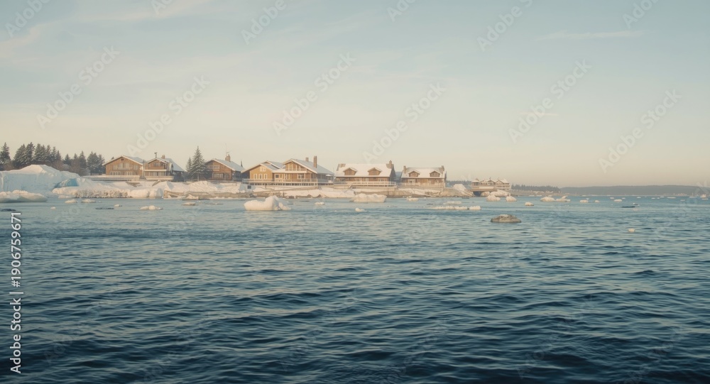 Obraz premium Frosty sea and comfortable chalets captured during a winter morning