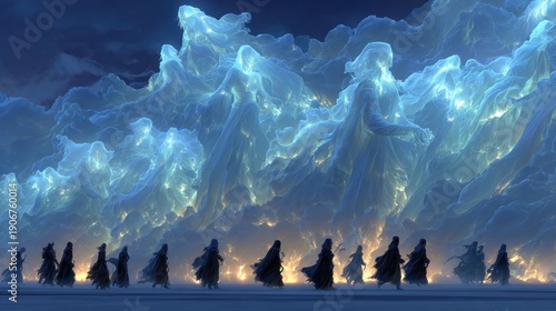 Spectral Cloudscape - A Vast, Mystical Scene of  Silhouettes and Light