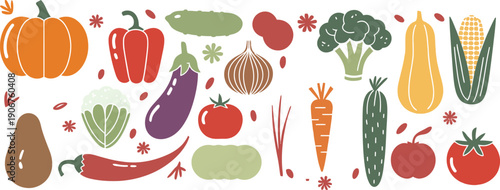 Colorful illustration of various vegetables on white background