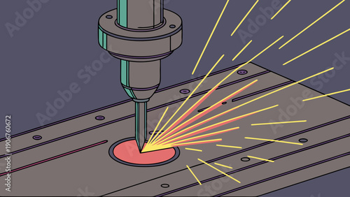 A vector graphic illustration of a laser cutting machine in action, precision cutting through a metal sheet with a vibrant red glow.