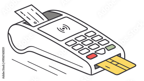 A vector graphic illustration of a modern payment terminal with a credit card and receipt
