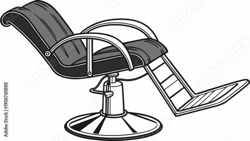 A black and white vector illustration of a reclined barber chair with a footrest extended