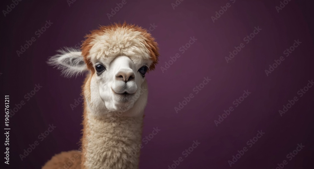 Fototapeta premium Lighthearted alpaca set against a smooth purple background