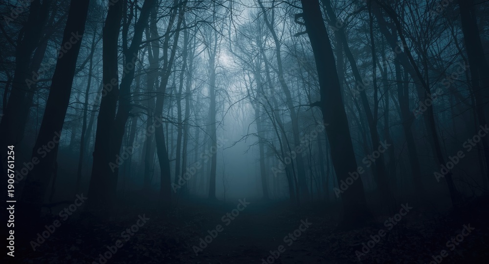 Fototapeta premium Haunted forest scene with swirling ghostlike fog at dusk