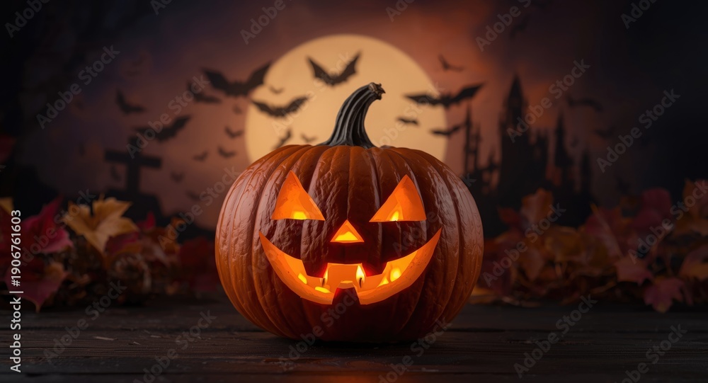Obraz premium Ghostly Halloween pumpkin composition on festive backdrop