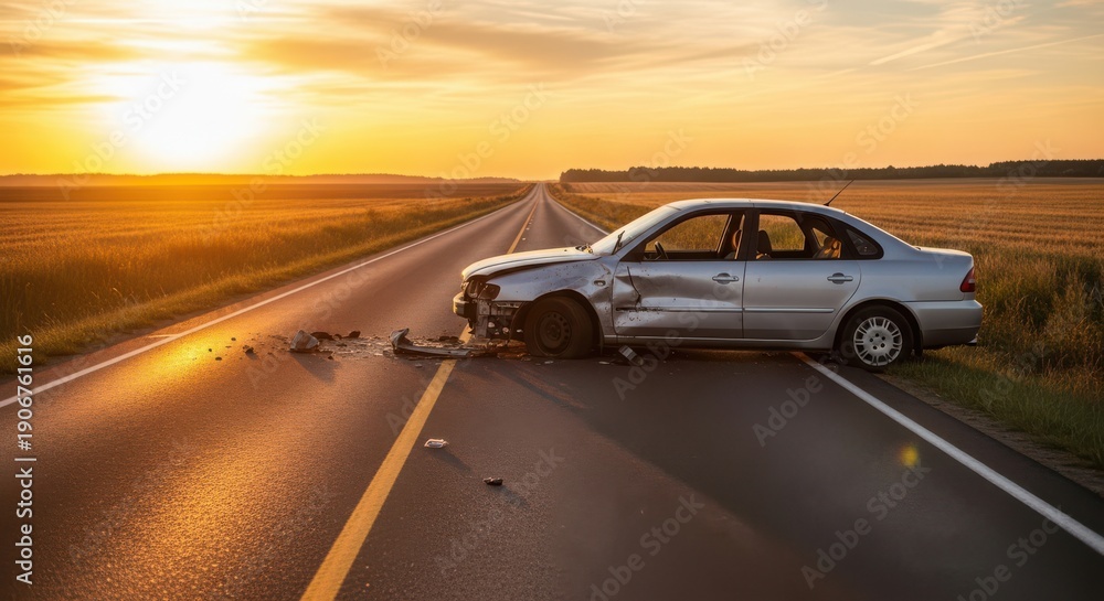 Fototapeta premium Crashed car on empty road at sunset