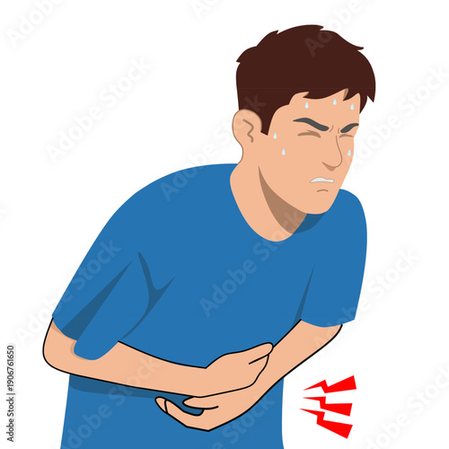 Young man suffering from acute stomach ache, holding belly in pain with sweat drops vector illustration