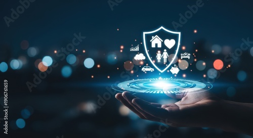 Hand holding digital shield with family and assets icons