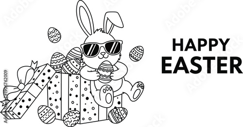 Black and white coloring page featuring a cool bunny wearing sunglasses sitting in an open gift box surrounded by decorated easter eggs and happy easter text