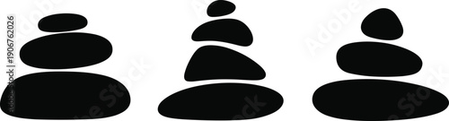 Abstract black stacked stones silhouettes set on white background, minimal zen spa balance concept, meditation harmony symbol, simple pebble cairn shapes for wellness branding and relaxation design.