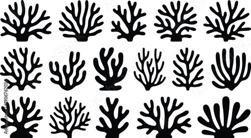 Black coral silhouette icon collection isolated on white background, underwater reef plants set, marine life elements for ocean design, aquarium decoration vector illustration.