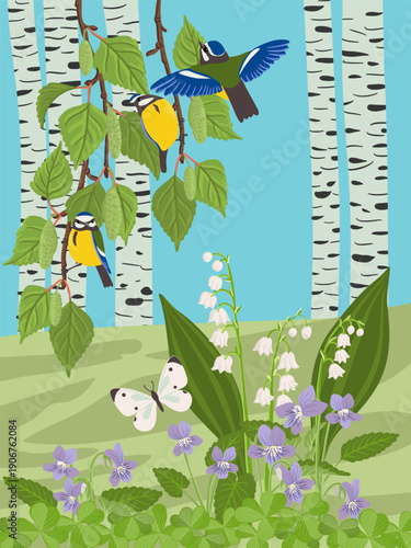 vector drawing spring landscape with birds, flowers and trees, blue tits at birch branches with green leaves and catkins, lily-of-the-valley and violets, hand drawn illustration