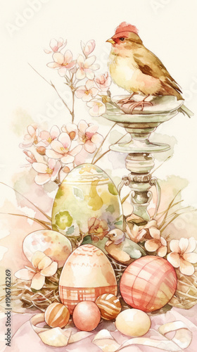 Bright eggs and flowers sit on a table in a still life scene. A jar holds small blooms, while eggs of different colors rest on a tray surrounded by soft decorations for Easter