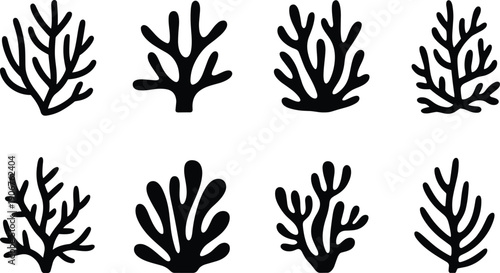 Black coral silhouette set isolated on white background, underwater reef plants collection, marine life icon bundle for ocean nature design, aquarium decoration and vector illustration.