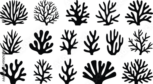 Black coral silhouette set collection, sea reef botanical shapes isolated on white background, underwater marine plant icons for ocean nature design, logo, tattoo, decoration, clipart.