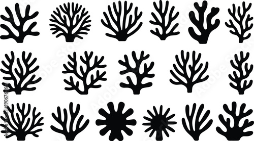 Black coral silhouettes set isolated on white background, underwater marine reef collection, ocean sea plant shapes for aquarium decoration, tropical design elements, and vector illustration.