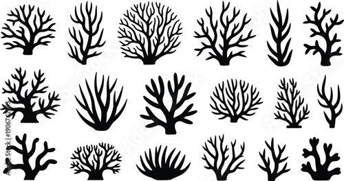 Black sea coral silhouettes set isolated on white background, underwater marine reef plants collection, ocean botanical elements for aquarium design, decoration, and vector illustration.