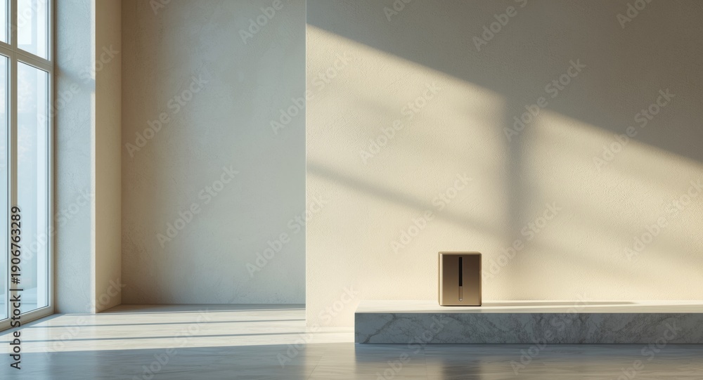 Fototapeta premium Enhanced product display using interior wall backdrop with shadows cast by white and blue window light