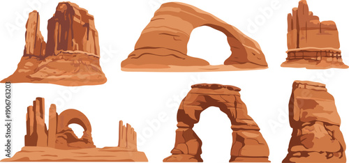 Desert rock formations illustration set isolated on white background, sandstone arches and canyon cliffs collection, western landscape elements for nature, travel and geology design.
