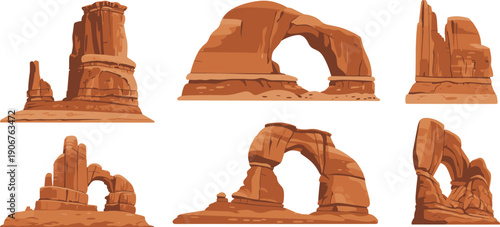 Desert sandstone rock formations illustration set isolated on white background, canyon cliffs and natural arches collection for western landscape, geology, travel and nature design.