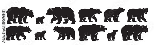 grizzly bear family silhouettes collection wildlife animals