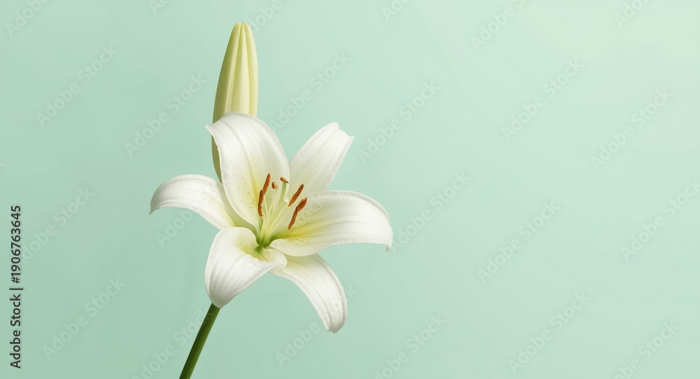 Fototapeta premium High key pastel mint background showing isolated lilly and copy space