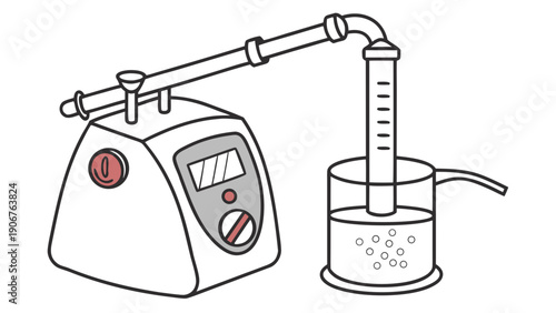 A vector graphic illustration of a laboratory vacuum distillation apparatus with a digital control unit