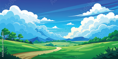 A winding dirt path leads through rolling green hills under a bright blue sky filled with fluffy white clouds.
