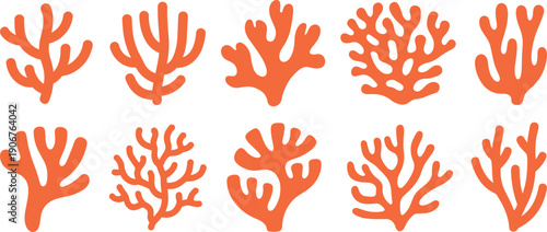 Orange coral silhouettes set isolated on white background, tropical underwater reef collection, marine ocean botanical shapes for summer design, aquarium decoration, and vector illustration.
