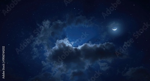Depiction of a tranquil night sky with a crescent moon, layered clouds, and shining stars