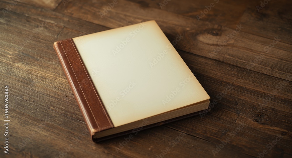 Fototapeta premium Catalog resting on a wood table with dedicated copy space for adding text or artwork