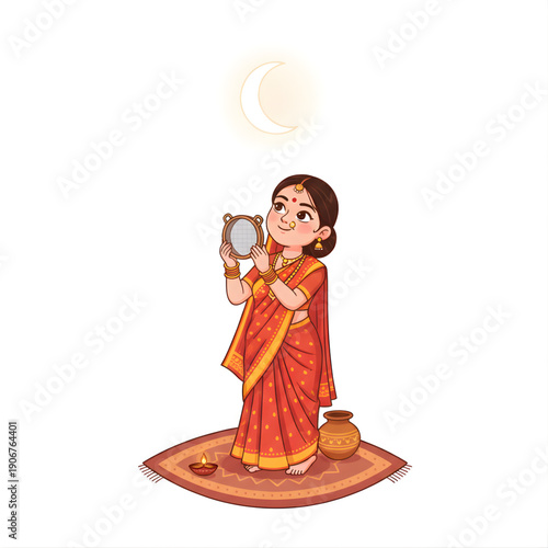 Married woman praying during Karwa Chauth, moon sieve, vector caricature