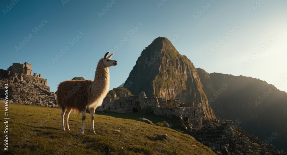 Fototapeta premium Llama standing tall on a grassy ridge beside an ancient heritage monument