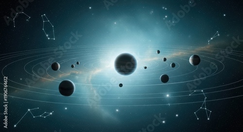 Futuristic Solar System With Planets Constellations And Nebula