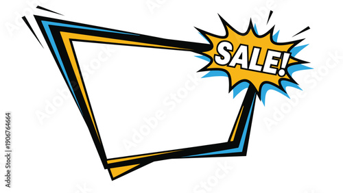 Graphic illustration of a yellow sale sign on a white background with blue and black outlines in a comic book style.