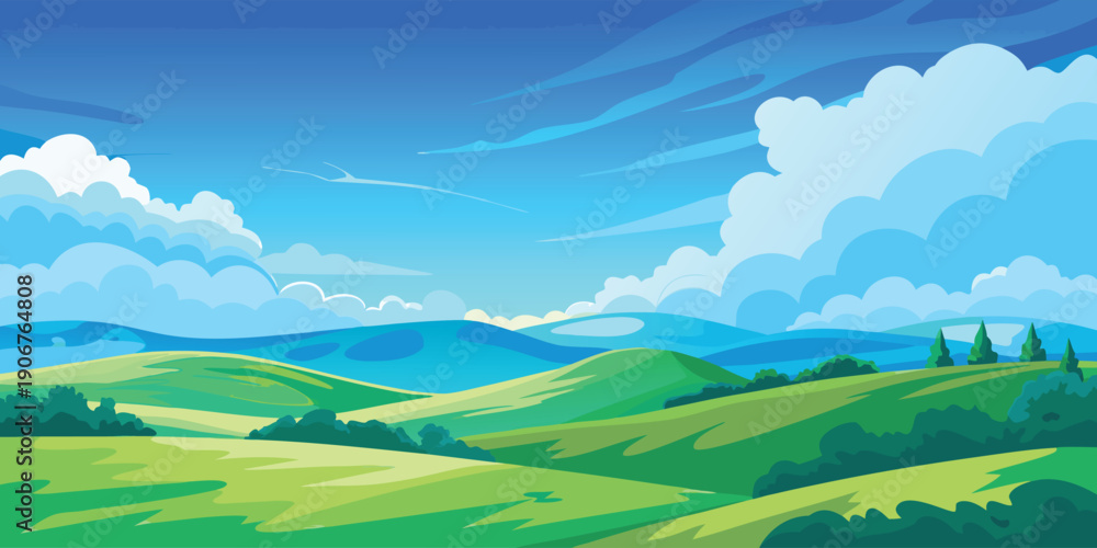 Obraz premium Gentle undulating green hills stretch out under a vivid blue sky adorned with scattered white clouds and distant mountains. 