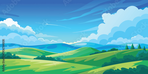 Gentle undulating green hills stretch out under a vivid blue sky adorned with scattered white clouds and distant mountains.
