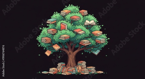Illustration of a tree with books growing on branches