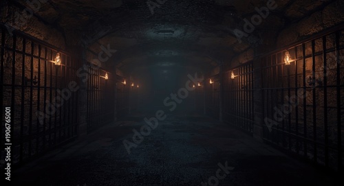 Dark underground captivity cells shrouded in torchlight with copy space