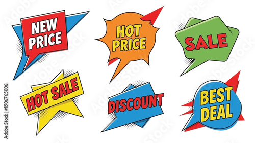 Collection of colorful sale and discount stickers on a white background with various promotional phrases.