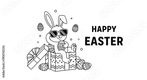 Outline drawing of a cool cartoon bunny wearing sunglasses sitting inside an open decorated gift box surrounded by patterned easter eggs wishing everyone a happy holiday celebration