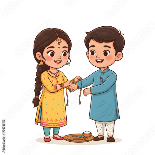 Sister tying rakhi on brother wrist, joyful vector caricature