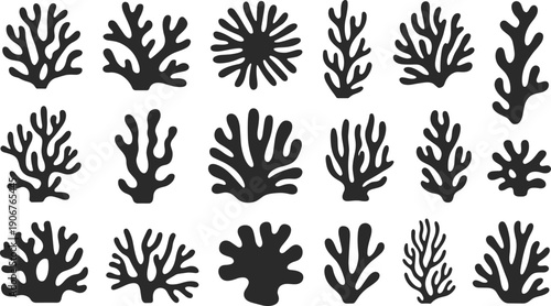 Set of black coral silhouettes isolated on white background, underwater marine reef shapes collection, ocean sea plant elements for aquarium decoration, tropical design, and vector illustration.