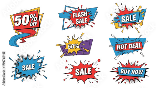 Collection of colorful sale and discount stickers with various designs and text on a clean white background.
