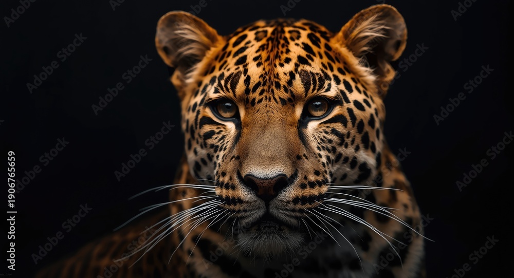 Obraz premium Leopard close up portrait emphasizing texture with dark backdrop