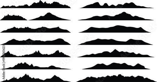 Set of black mountain landscape silhouettes isolated on white background, panoramic ridge skyline collection, nature horizon shapes for outdoor design, hiking, travel, and terrain illustration.