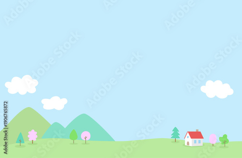 山と小さな家の春の背景イラスト