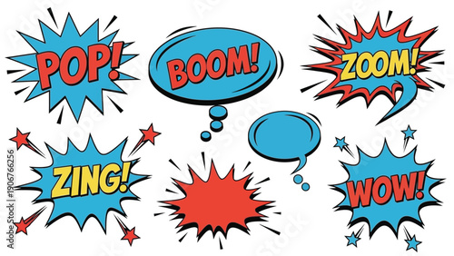 Colorful comic book speech bubbles with dynamic text effects on a clean white background with a vibrant and playful mood.