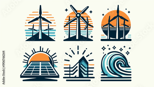 Vector Icon Set of Renewable Energy Symbols with Wind Turbines and Solar Panels